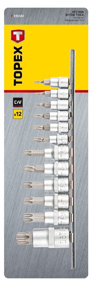 Bity Torx na nasadce 1/4, 3/8, 1/2", zestaw 12 szt.