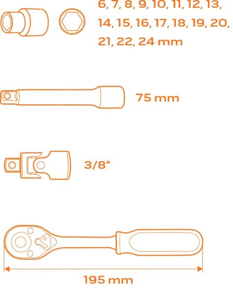 Klucze nasadowe 3/8", zestaw 22 szt., wkładka