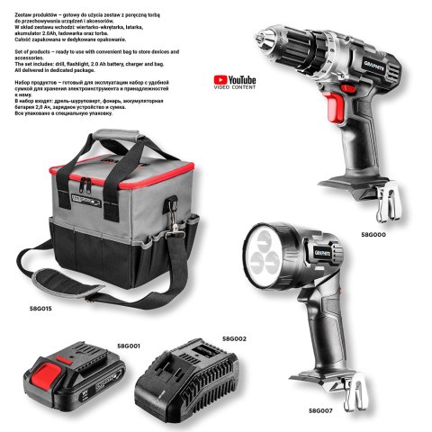 Zestaw elektronarzędzi akumulatorowych: wiertarko-wkrętarka, latarka, torba, akumulator Energy+ 18V, Li-Ion 2.0Ah, ładowarka