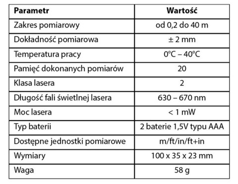 Dalmierz laserowy, zasięg 40 m, ekran dotykowy