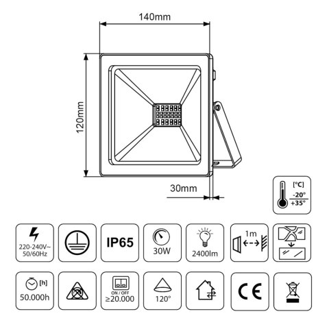 Naświetlacz LED Maclean, Slim 30W, Cold White (6000K), IP65, PREMIUM, MCE530 CW