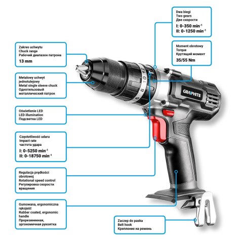 Wiertarko-wkrętarka akumulatorowa z udarem Energy+ 18V, Li-Ion, uchwyt 13 mm, bez akumulatora