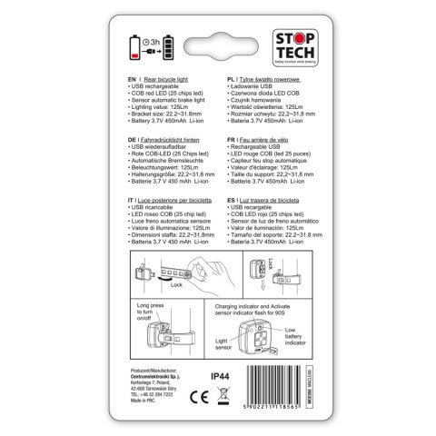 Lampka LED Maclean, Rowerowa tylna, Sensor zmierzchu, USB AUTO STOP COB, Max.125lm, Acu 450mAh, MCE355