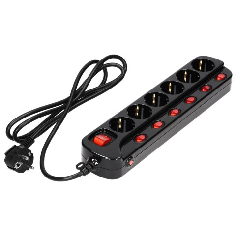 Listwa zasilająca "Multiswitch", 6 gniazd 2P+Z (Schuko), kabel 3x1,0mm?, długość 1,5m. Wyłącznik termiczny. 10A/230 VAC, czarny