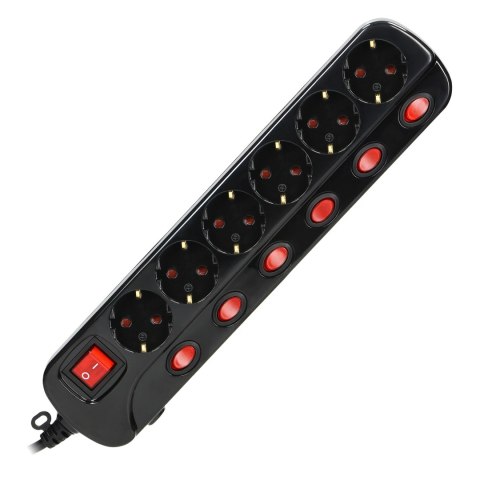 Listwa zasilająca "Multiswitch", 6 gniazd 2P+Z (Schuko), kabel 3x1,0mm?, długość 1,5m. Wyłącznik termiczny. 10A/230 VAC, czarny