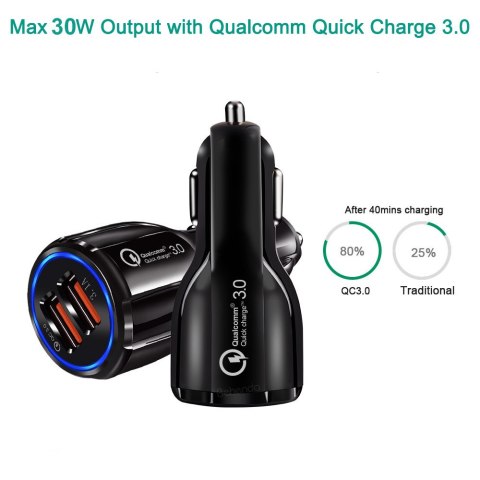 Ładowarka samochodowa Maclean, Qualcomm Quick Charge, QC 3.0 - 5V/3A, 9V/1.8A, 12V/1.6A, Gniazdo 5V/3.1A, Czarna, MCE478 B