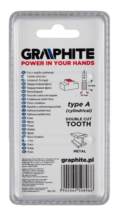 Frez do metalu HM, typ A (walcowy), 10 x 25 mm, trzpień 6 x 45 mm