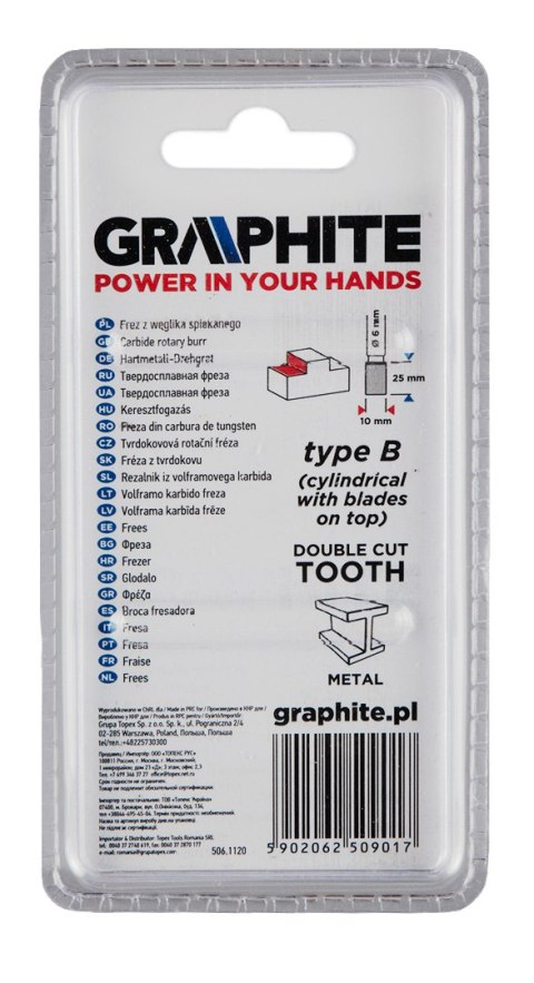 Frez do metalu HM, typ B (walcowy z ostrzami na górze), 10 x 25 mm, trzpień 6 x 45 mm