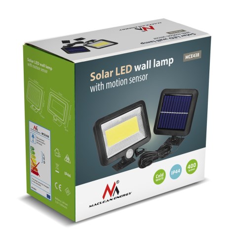 Solarny naświetlacz LED z czujnikiem ruchu Maclean, IP44, 5W, 400lm, 6000K, akumulator litowy 1300 mAh, 5,5V DC MCE438