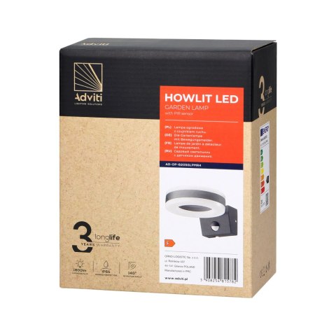 HOWLIT LED 20W, oprawa ogrodowa z czujnikiem ruchu, 1800lm, IP65, 4000K, szara