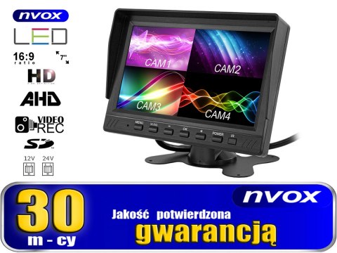 Monitor samochodowy lcd 7cali ahd 4pin z funkcją rejestratora 12v 24v