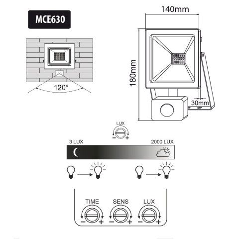 Naświetlacz LED z czujnikiem ruchu Maclean, slim 30W, 2400lm, barwa zimna biała (6000K), IP44, MCE630 CW PIR