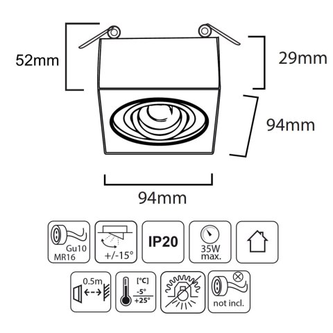 Lampa, oczko, oprawa sufitowa Maclean, dla źródeł światła MR16/GU10, kolor biały, 94x94x32mm, kwadratowa, alu, MCE464 W