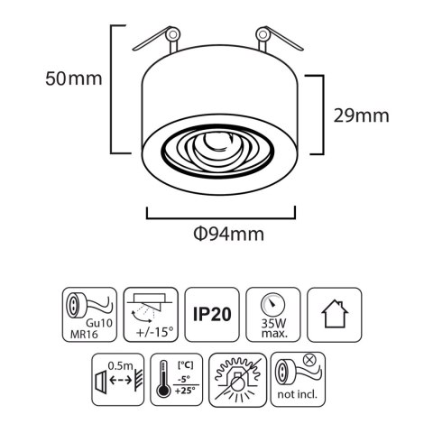 Oprawa podtynkowa, tuba LED Maclean, oczko, SPOT, dla źródeł światła MR16/GU10, kolor czarny, 94x32mm, okrągła, alu, MCE462 B