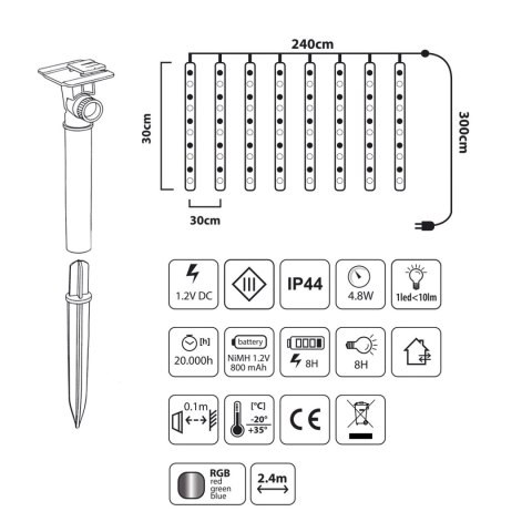 Solarne lampki LED Maclean, 2,4m długościi, 144 diody LED, 8 sopli RGB, tryb opadających sopli, bateria Li 800mAh, MCE412