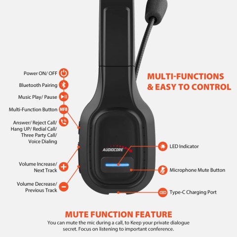 Słuchawki bluetooth ANC call center z mikrofonem Audiocore, QCC3020, ANC, AVRCP, A2DP, HSP, HFP, kodek SBC AAC, AC864