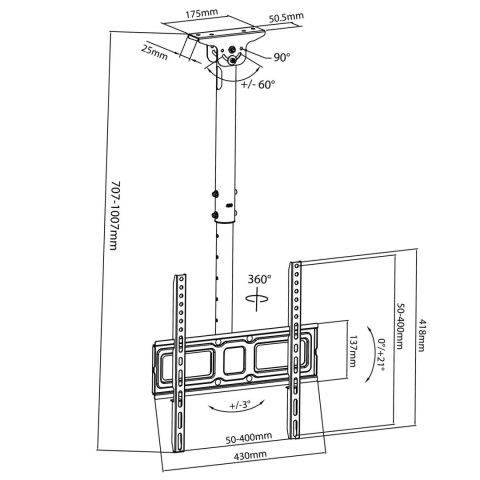 Uchwyt sufitowy do telewizora Maclean, VESA 400x400, 32"-50", odległość od sufitu 717-1017mm, max 35kg, MC-943