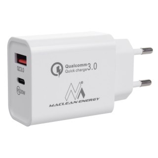 Ładowarka sieciowa 20W Maclean, PD, Power Delivery, Qualcomm Quick Charge, QC 3.0, 5V3A/9V2.22A/12V1.67A, biała, MCE485W