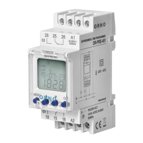 Elektroniczny programator astronomiczny i czasowy, 100 programów, 3 języki menu, 2 wyjścia przekaźnikowe max.16A/230V, szerokość