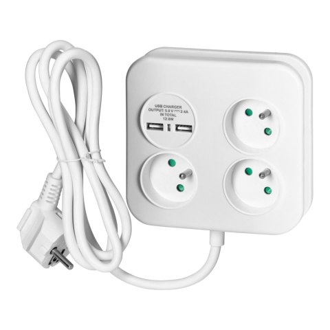 Kwadratowa listwa zasilająca z ładowarką USB 3x2P+Z, 2xUSB-A, kabel 3x1,0mm2, 1,4m