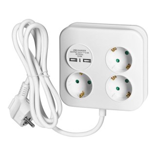 Kwadratowa listwa zasilająca z ładowarką USB 3x2P+Z (Schuko), 2xUSB-A, kabel 3x1,5mm2, 1,4m