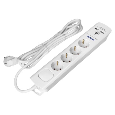 Listwa przeciwprzepięciowa, 4 gniazda 2P+Z (Schuko), kabel 3x1,0mm2, 3m, z wyłącznikiem podświetlanym dwutorowym. 16A/230 VAC, O