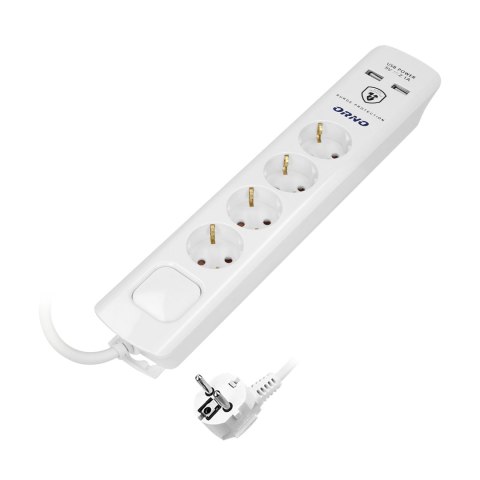 Listwa przeciwprzepięciowa, 4 gniazda 2P+Z (Schuko), kabel 3x1,0mm2, 3m, z wyłącznikiem podświetlanym dwutorowym. 16A/230 VAC, O