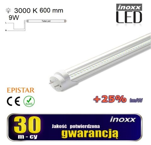 Świetlówka led 60cm 9w t8 3000k g13 ciepła przezroczysta jednostronna