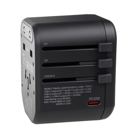 Adapter podróżny Maclean, zasilacz USB, 2xUSB 2,4A + USB-C PD 20W, Bezpiecznik 8A, Quick and Fast Charge, 200 krajów świata, MCE