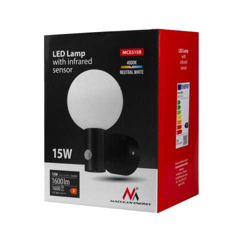 Lampa LED z czujnikiem ruchu Maclean, czujnik ruchu PIR, kolor czarny, 15W, IP65, 1600lm, barwa neutralna biała (4000K) MCE515 B