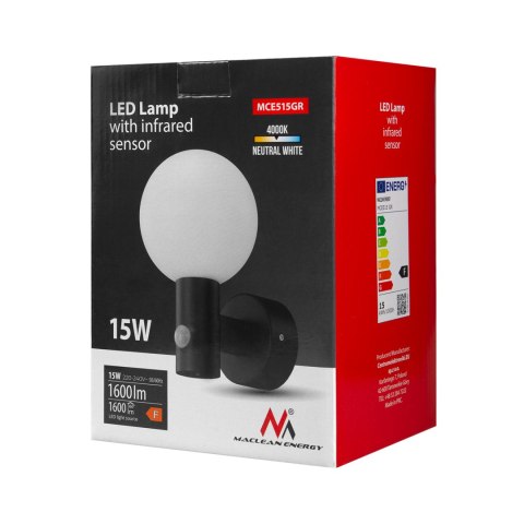 Lampa LED z czujnikiem ruchu Maclean, czujnik ruchu PIR, kolor szary, 15W, IP65, 1600lm, barwa neutralna biała (4000K) MCE515 GR