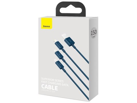 BASEUS Kabel 3w1 Superior Series, USB do micro USB / USB-C / Lightning, 3.5A, 1.2m (CAMLTYS-03) Niebieski