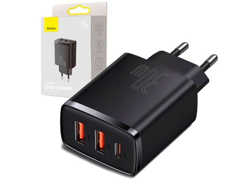 BASEUS Ładowarka sieciowa Baseus Compact Quick Charger, 2xUSB, USB-C, PD, 3A, 30W (CCXJ-E01) Czarna