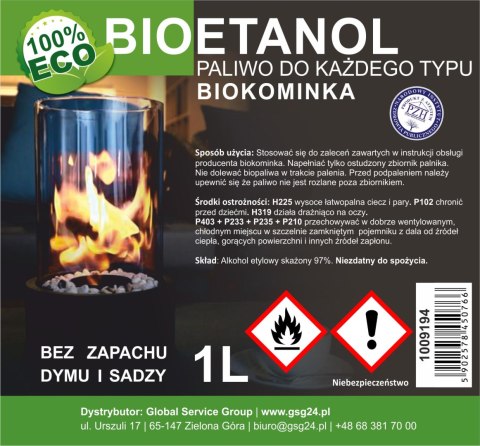 Bioalkohol bioetanol BIO paliwo do biokominka 1L