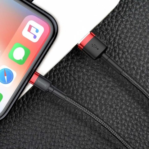 Wytrzymały elastyczny kabel przewód USB Iphone Lightning QC3.0 2.4A 0.5M czarno-czerwony