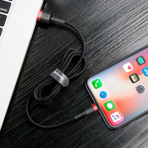 Wytrzymały elastyczny kabel przewód USB Iphone Lightning QC3.0 2.4A 0.5M czarno-czerwony