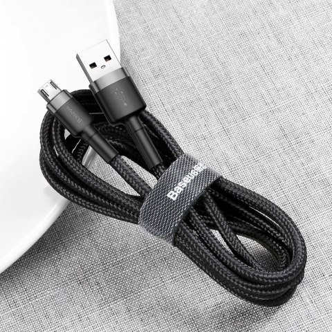 Wytrzymały elastyczny kabel przewód USB microUSB 1.5A 2M czarno-szary