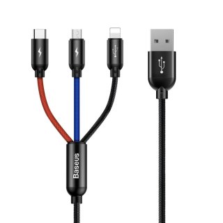 Wytrzymały przewód kabel 3w1 USB microUSB Iphone Lightning USB-C 3.5A 1.2M czarny