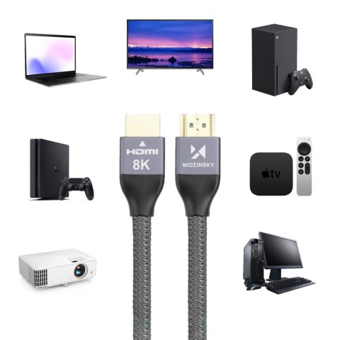 Kabel przewód HDMI 2.1 8K 60 Hz 48 Gbps 4K 120 Hz 2K 144 Hz 1 m srebrny