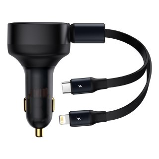 Ładowarka samochodowa 2w1 USB-C + iPhone Lightning zwijany przewód 75cm 30W - czarny