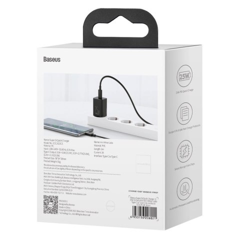 Szybka ładowarka sieciowa Super Si QC PD 25W 3A + kabel USB-C 1m czarny