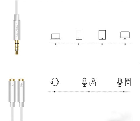 Rozdzielacz słuchawkowy 3.5mm mini jack AUX + mikrofon stereo 20cm srebrny