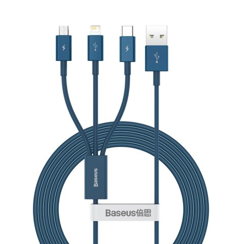 3w1 kabel przewód uniwersalny USB - Lightning / USB-C / micro USB 3.5A 1.5m niebieski