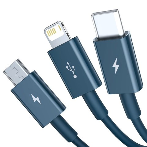 3w1 kabel przewód uniwersalny USB - Lightning / USB-C / micro USB 3.5A 1.5m niebieski