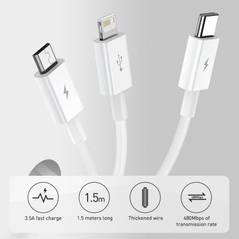 3w1 kabel przewód uniwersalny USB - Lightning / USB-C / micro USB 3.5A 1.5m niebieski