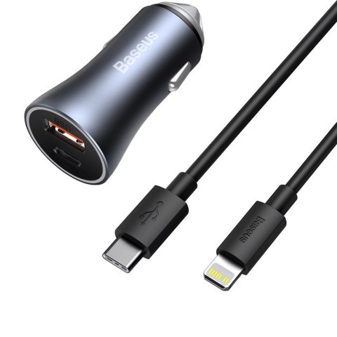 Szybka ładowarka samochodowa USB-C USB 40W PD QC SCP FCP AFC + kabel USB-C - Lightning szary