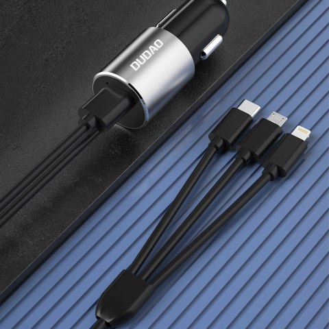 3w1 ładowarka samochodowa USB + wbudowany kabel Lightning USB-C micro USB czarny