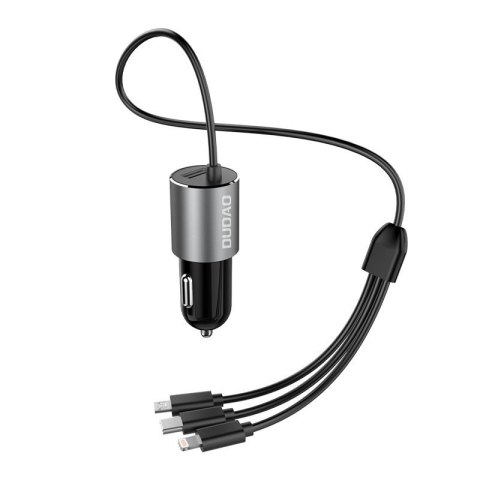 3w1 ładowarka samochodowa USB + wbudowany kabel Lightning USB-C micro USB czarny