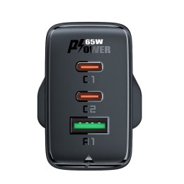 Ładowarka sieciowa wtyczka angielska UK GaN 65W 1x USB 2x USB-C PD czarna