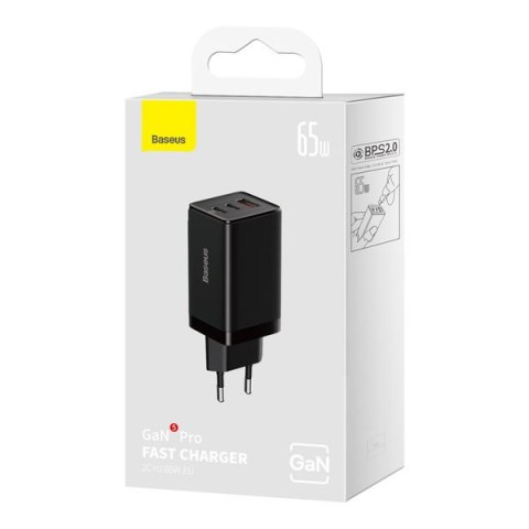 Szybka ładowarka sieciowa GaN 2x USB-C USB 65W + kabel USB-C czarna